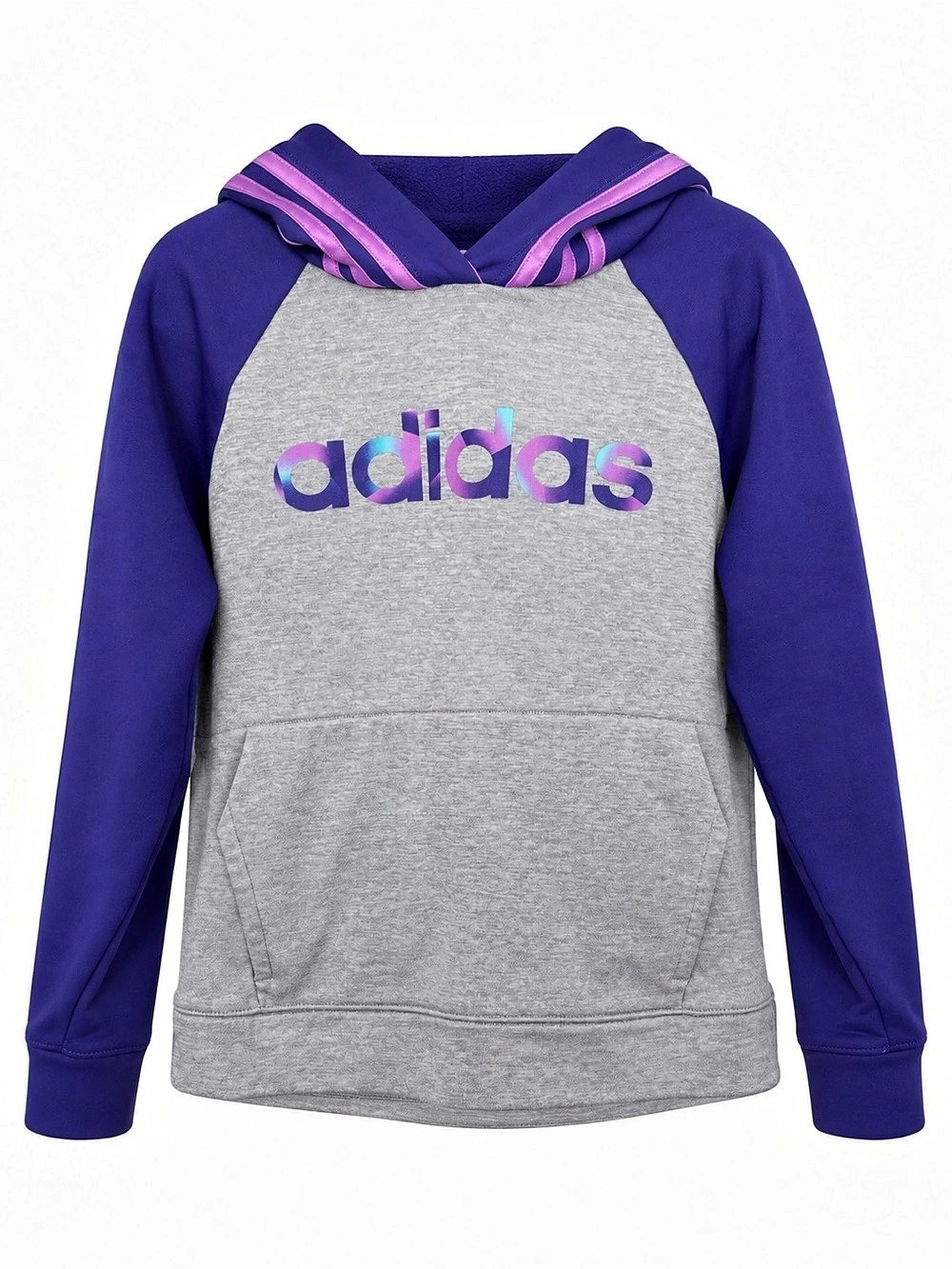 Adidas Girls Grey Purple Iridescent Logo Athletic Pullover Hoodie size 10